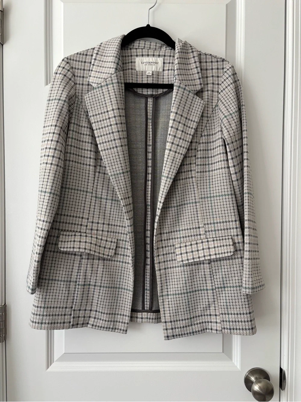 Liverpool Los Angeles Beige Gray Plaid Open Front Blazer Size M - Picture 2 of 12